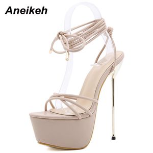 Aneikeh Stiletto tacones altos zapatos de mujer plataforma clásicos Punk atado cruzado cabeza Peep Toe moda nuevo verano elegante fiesta sandalias C0129