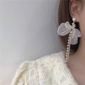Ange blanc noeud papillon boucle d'oreille longue perle gland oreille pendentif femmes Vintage Design coréen Style luxe boucles d'oreilles Simple charme cadeaux oreille accessoires