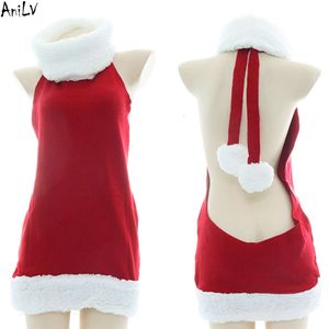 Ani Navidad niña suéter de cuello alto vestido disfraz invierno mujeres Navidad rojo camisón sin espalda Pamas Cosplay