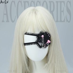 Ani Lolita-máscara negra gótica para niña, cadena de calavera rosa, parche de un ojo, Cosplay de Halloween