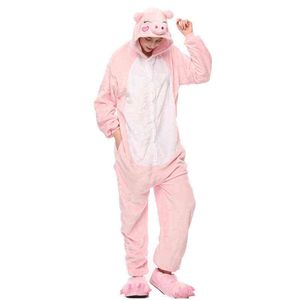 Animal Kigurumis Onesies Vêtements de nuit pour adultes Cartoon Pink Pig Femmes Pyjama Winter Homewear Combinaison Pyjama Costume Femme Rompers 211109