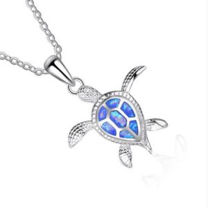 Collar con colgante de tortugas animales, ópalo azul Natural, mar, joyería para mujer, aleación de plata, elegante collar de tortuga de playa 292O