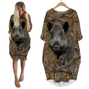 Animal sanglier chasse cochon robe 3D imprimé à manches longues Streetwear Harajuku femme Hip Hop Style femmes robes de poche W220616