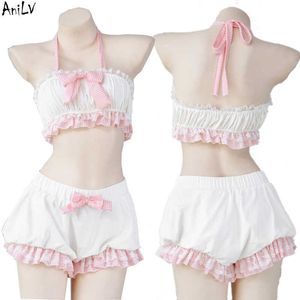 Disfraces de anime AniLV Anime japonés Kawaii Girl Maid Unifrom Trajes de baño Mujeres PINK Cute Bow Bloomers Pijamas Viene Cosplay Z0301