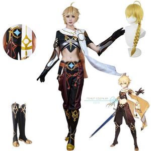 Disfraces de anime Genshinimpact Viajero Aether Cosplay Complay Compla Sora Kong Cosplay Aether Halown Party Corto Corta de peluca Copa completa Y240422