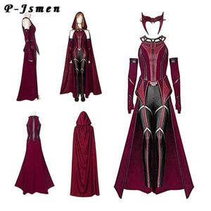 Disfraces de anime PJsmen Mujer Wanda Maximoff Cosplay Come Scarlet Witch Headwear Capa y pantalones Conjunto completo Traje Accesorios de Halloween Accesorios Z0301