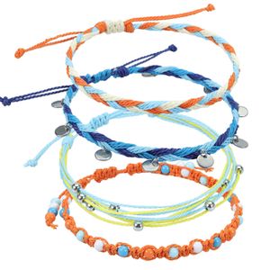 Bracelets de cheville 4 pièces/ensemble à la main étanche fil de cire tissé cheville bohème en acier inoxydable rond breloques bohème femmes Bracelet plage bijoux G220519