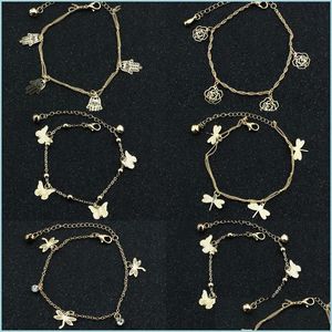 Bracelets de Cheville Mtilayer Femmes Cheville Bijoux Plaqué Or Dame Libellule Papillon Feuille Shell Rose Cheville Bracelets Été Polyvalent 3 Dh4Uc