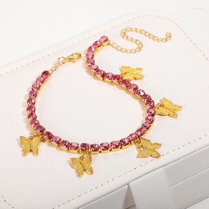 Bracelets de cheville bohème papillon pour femmes, pendentif en Zircon rose scintillant, Bracelet de cheville sur la jambe, chaîne de pied, bijoux de plage d'été
