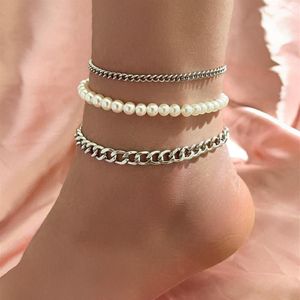 Bracelets de cheville classique couleur argent chaîne cubaine bohème Imitation perle cheville bracelets pour femme été plage cheville bijoux Female280B
