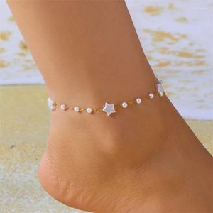 Chevillets Minimaliste Star Heart Anklet For Women Charm simple Imitation Perle Link Chain sur le bracelet aux pieds nus Cadeau de bijoux faits à la main