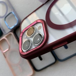 Placage de bouton métallique pour Magsafe Magnetic Wireless Charging Clair Cas pour iPhone 15 14 13 12 11 Pro Max Plus HD Hard Hard Cover Transparent