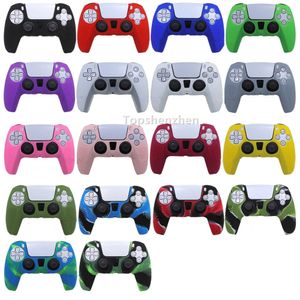 Peau de couverture en silicone anti-dérapant pour PlayStation Dualshock 5 PS5 Controller Impression de camouflage Solid Color Case Thumb Stick Grip Cap 19 couleurs