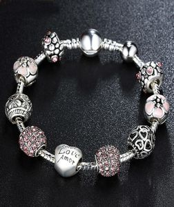 Antique 925 Silver Charm Fit Bangle Bracelet With Love and Flower Crystal Ball For Women Wedding PA14551656001