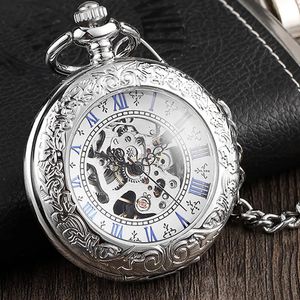 Antique plein argent en acier inoxydable montre de poche mécanique hommes Steampunk Vintage main-vent gravé Fob pendentif horloge femmes 240314