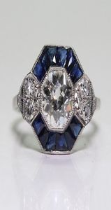 Joyas antiguas 925 Sterling Silver Diamond Sapphire Bride Wedding Engagement Art Deco Ring Size 5126918990