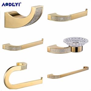 AODEYI Accesorios de baño Soporte de papel Toalla Anillo Bar Bata Gancho Jabonera Soporte para cepillo de dientes, Juego de accesorios de baño dorado o cromado LJ201209