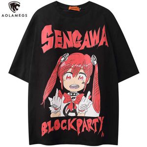 Aolamegs camiseta hombres lindo dibujos animados comics chica letra impresa estilo japonés divertido casual acogedor harajuku pareja verano streetwear y0526