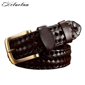 Aoluolan correa trenzada cinturón de cuero genuino cinturones con hebilla para hombres calidad diseñador de lujo tejido a mano