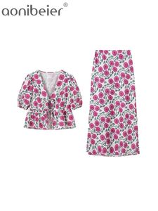 Aonibeier Floral Imprimé Femmes Loose Shirt Suits Traf Summer Puff Bow Tied Female Crop Top Y2K