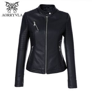 AORRYVLA NOIR COURT AUTOMNE FEMME Veste en cuir à manches longues Mandarin Collier Moto Moto Biker Fermeture à glissière Mift Jacket en cuir PU matelassé 210201