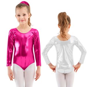 Aoylisey Ballet Dance Shinny Metallic Tites pour filles Gymnastique Body Long Manche Rombers Rombers Costume Spandex Costume Kids Wear 240412
