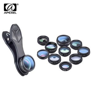 APEXEL – Kit de caméra de téléphone 10 en 1, Fisheye, macro grand Angle, filtre CPL, kaléidoscope et 2 télescopes pour objectif de smartphone