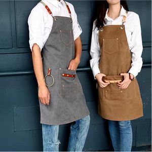 Apron Men Canvas Bib Leather Chef Kitchen Barista Bartender Pockets Home Barber Coffee Restaurant Garden Pinafore 230901