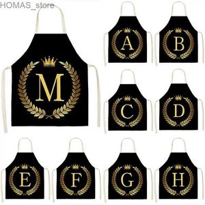 Tabliers Black Golden Crown Letter ALPHABET PRINT CUISINE APLON POUR FEMME MAN COTTON LINEN TABLES POUR LA COIRING TELLEMENTS DE NETTOYAGE HOME TABLIER Y240401