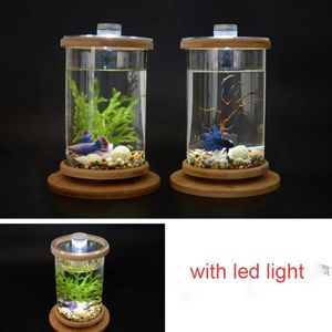 Aquariums 360 Degree Rotating Glass Betta Fish Tank Bamboo Base Mini Decoration Rotate Bowl Aquarium Accessories For Office271e