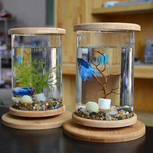 Acuarios 360 grados de vidrio giratorio Betta Fish Tank Base de bambú Mini decoración Rotar Bowl Accesorios de acuario para Office247K
