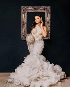 Arabe aso ebi en dentelle sirène robe de mariée sexy one épaule perles perles luxueuses robes de mariée