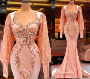 Arabe Aso Ebi luxueux sirène sexy robes de bal pêche rose dentelle perlée manches longues soirée formelle fête deuxième réception robes robe