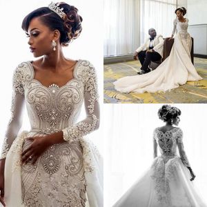 Arabe Aso Ebi luxe sirène robes de mariée avec train détachable 2022 cristal diamants dentelle africaine à manches longues robes de mariée grande taille