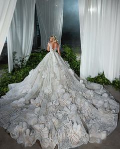 Vestido de novia de vestidos de baile de pelota Big Flower Beading Crystal Shiny Sequined Robe de Mariee Country Plus Tama￱o nupcial.