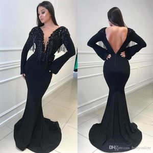 Arabe noir Dubai robes de bal manches longues balayage Train gland profond col en V dos ouvert robe de soirée robe formelle pour femme