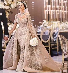Arabe Dubaï Champagne Sirène Robes De Mariée Avec Train Détachable Col Haut 3D Dentelle Manches Longues Robes De Mariée