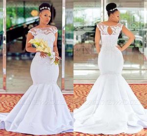 Vestidos de novia de marfil blanco árabe africano Apliques de encaje de sirena Con cuentas Vestidos de novia con cuello redondo transparentes Tallas grandes Robe de soriee BC10777