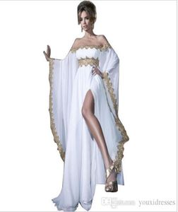 Style arabe à manches longues en mousseline de soie blanche dentelle dorée appliqué Abaya caftan robes de soirée avec fente haute femmes robes 8431812