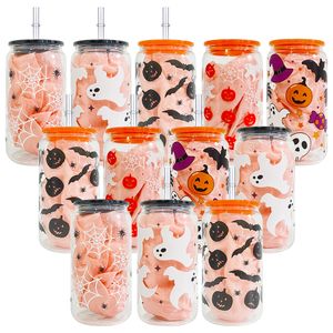 Aready imprimé Halloween design citrouille crâne fantôme toile d'araignée imprimé 3D tactile impression UV verre à bière 16 oz peut voyager tasses en verre avec couvercle en plastique et paille PP transparente