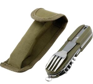 Army Green Folding Portable Stainless Steel Picnic Cutlery Knife Fork Spoon Bottle Opener Flatware Tableware Travel Kit