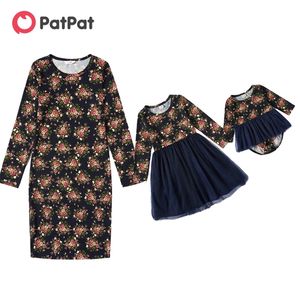 Llegada Otoño y Primavera Mosaico Mommy Me Malla Estampado floral Vestidos de manga larga Ropa para niños 210528