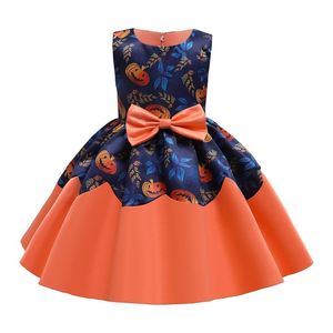 Arrivée Toddler Girl Halloween Pumpkin Pattern Bowknot Ruffle Costume Dress Baby 210528