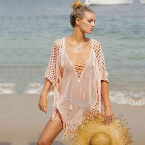 Llegadas Sexy Beach Cover up Pink Crochet Robe de Plage Pareos para mujeres Swim Wear Saida Praia Beachwear Coverups # Q195 210420