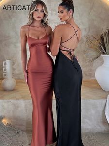 Articat Satin Backless Lace Up Mermaid Slip Robe Femme Sweethead Coule Sexy Slim Bodycon Robes Elegant Silk Vobe Fête de fête 240428