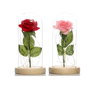 Flores decorativas artificiales rosa encantada con luces LED en cúpula de cristal para regalo de San Valentín Día de la Madre de Acción de Gracias