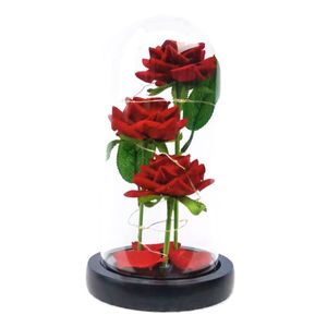 Tissu Éternel Artificiel Fleurs Décoratives Rose Lumière LED Beauté La Bête Dans La Couverture En Verre Décor À La Maison Pour Le Nouvel An Saint Valentin Noël Cadeau De Fête Des Mères