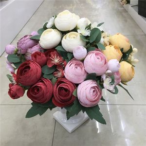 Ramo de flores artificiales de peonía, rosas de té, 7 tenedores, Camelia, seda, flor falsa, Festival, boda, decoración del hogar