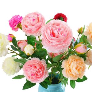 Flor de rosa artificial Boda falsa Ramo de novia Real 3 Cabezas de flores de peonía Flor artificial de seda Toque Flores de rosas Decoración del hogar LSK170