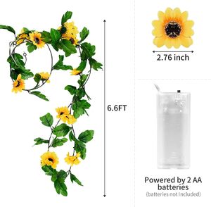 Lumière artificielle du tournesol, plantes à feuilles vertes à base de batterie Garland Roard avec lumière LED pour la décoration de fête de vacances de la chambre à coucher intérieure, blanc chaud